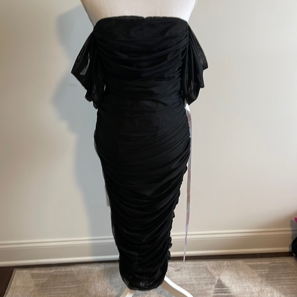 Mesh Ruched Bardot Midi Dress